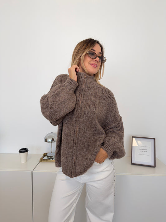 Oversize Zipper Strickjacke - Coffee