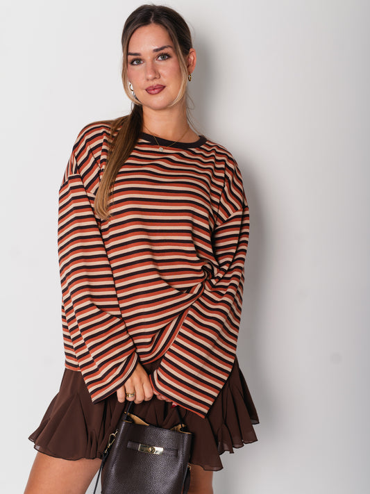 Streifen Longsleeve - Terrakotta/Espresso/Beige