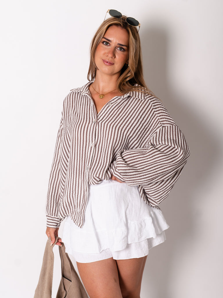 Midi Streifen Musselin Bluse - Creme/Braun