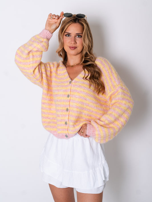 Mila Streifen Strickjacke - Gelb/Rosa