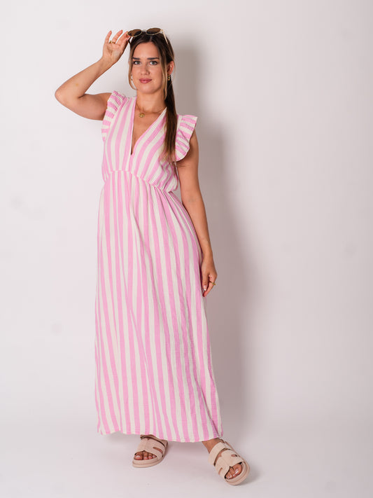 B-Ware 735. Leonora Musselin Kleid -  Streifen/Rosa