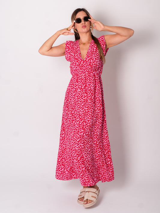 B-Ware 757. Leonora Musselin Kleid -  Leo/Rot/Rosa