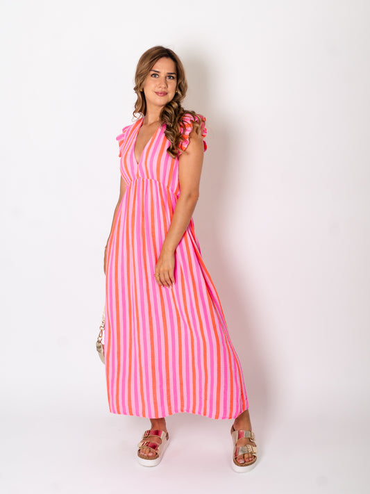 B-Ware 731. Leonora Musselin Kleid -  Streifen/Pink/Orange