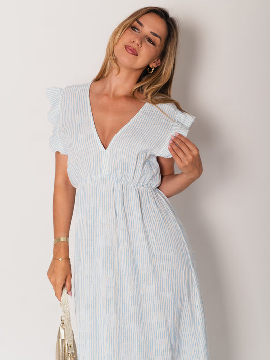 Leonora Stripes Musselin Kleid - Türkis/Weiß
