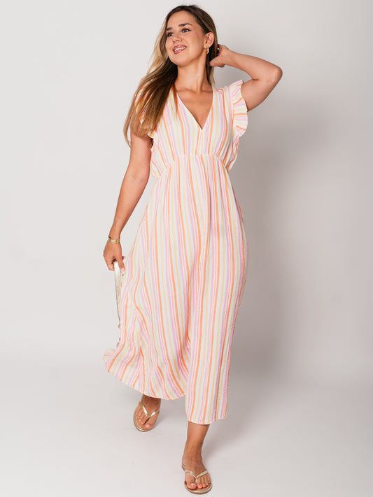 Leonora Stripes Musselin Kleid - Bunt/Orange