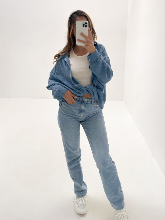 Midi Waffle Bluse - Blaugrau
