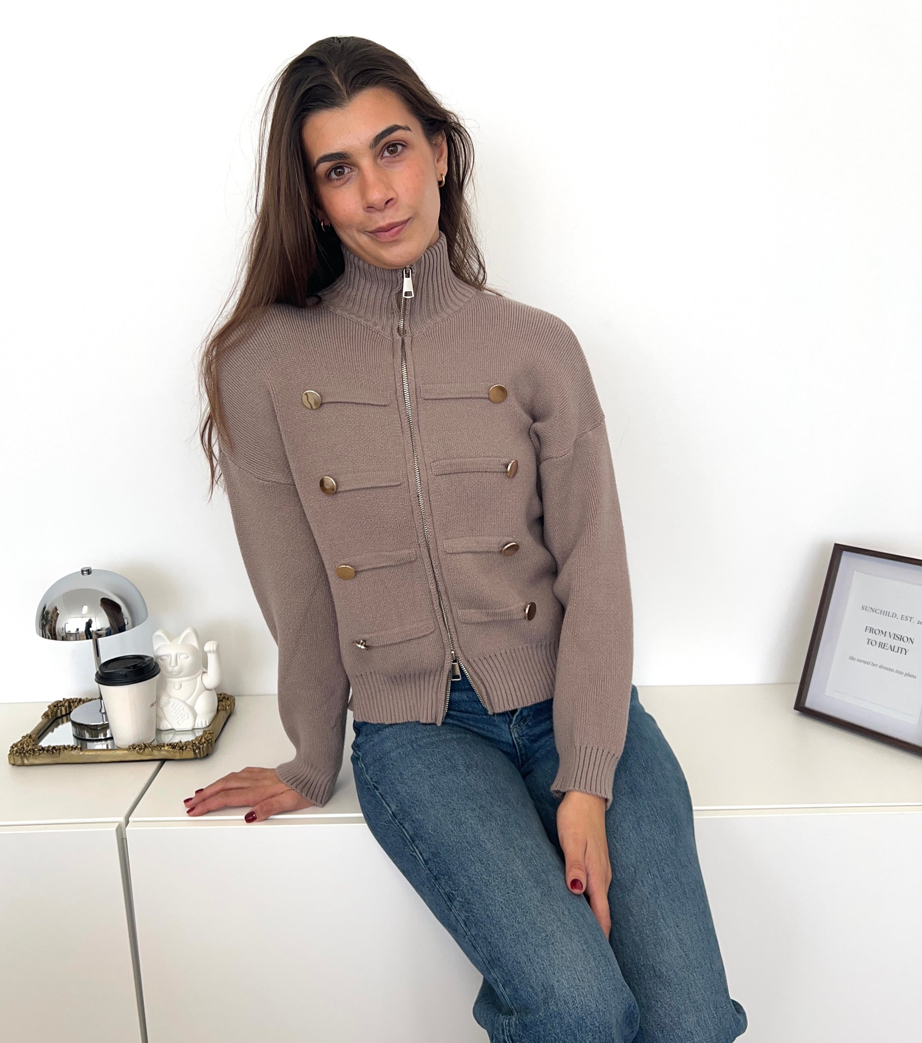 Kelly Zipper Strickjacke -  Taupe