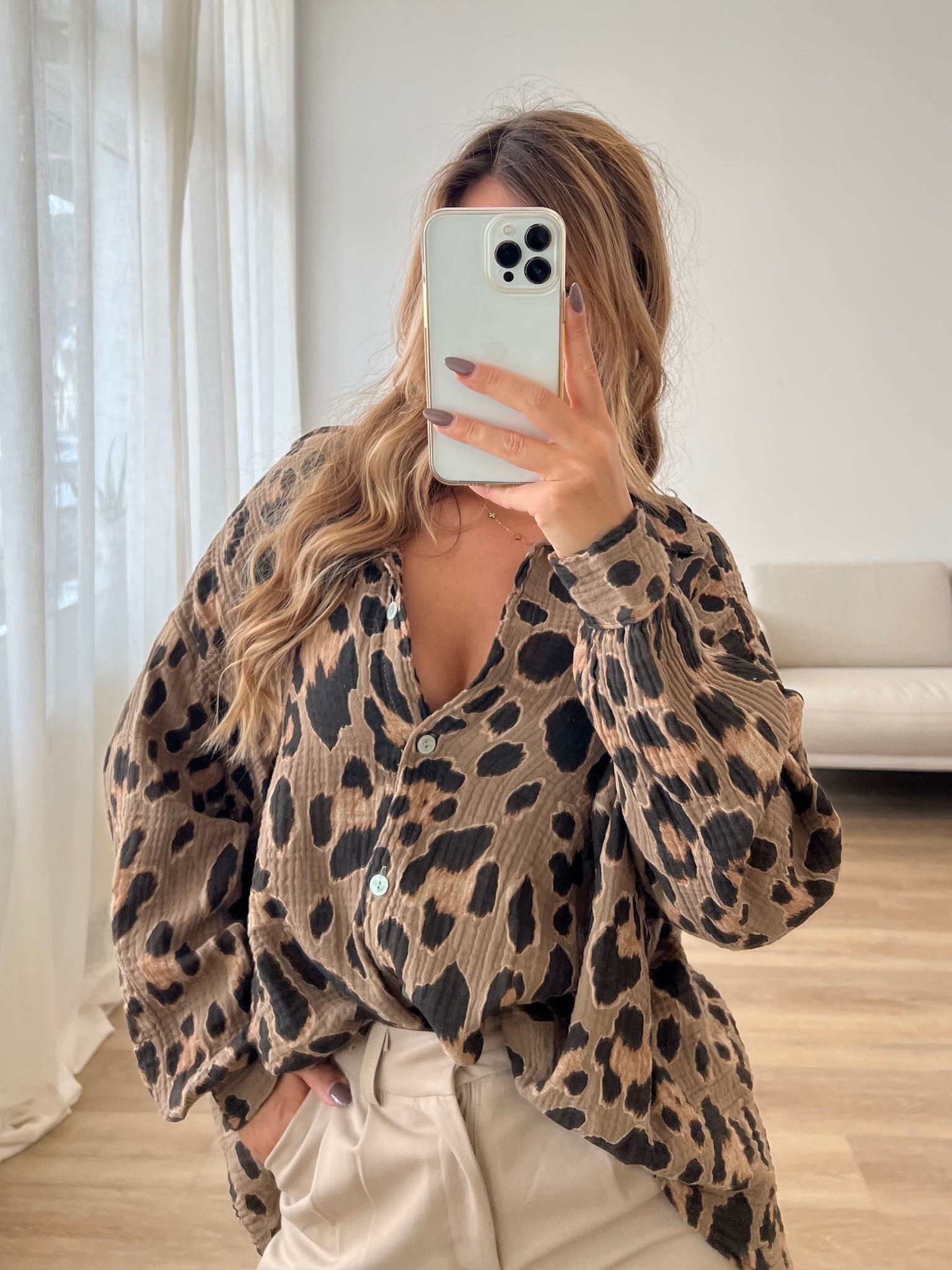 Animal Midi Waffle Bluse - Camel