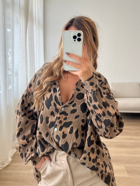 Animal Midi Waffle Bluse - Camel