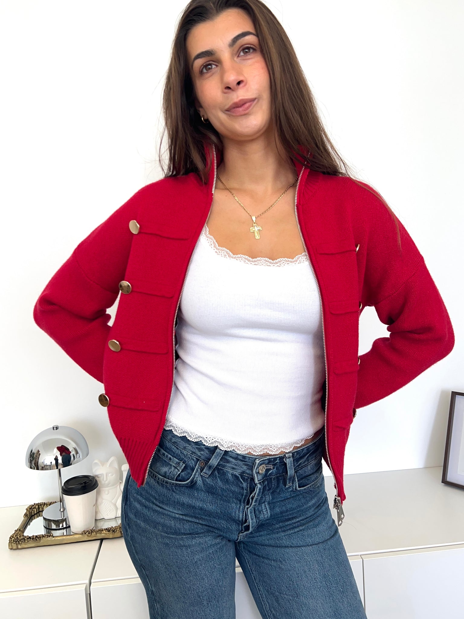 Kelly Zipper Strickjacke -  Rot