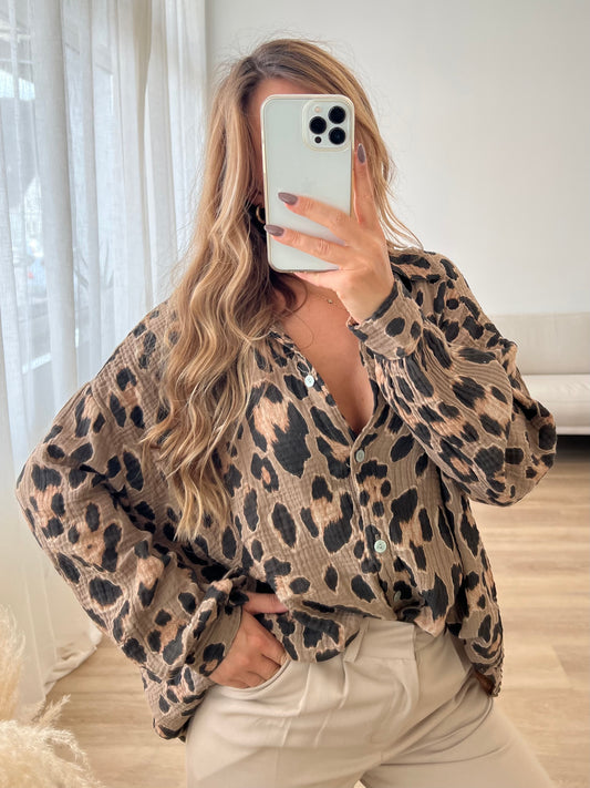 Animal Midi Waffle Bluse - Camel