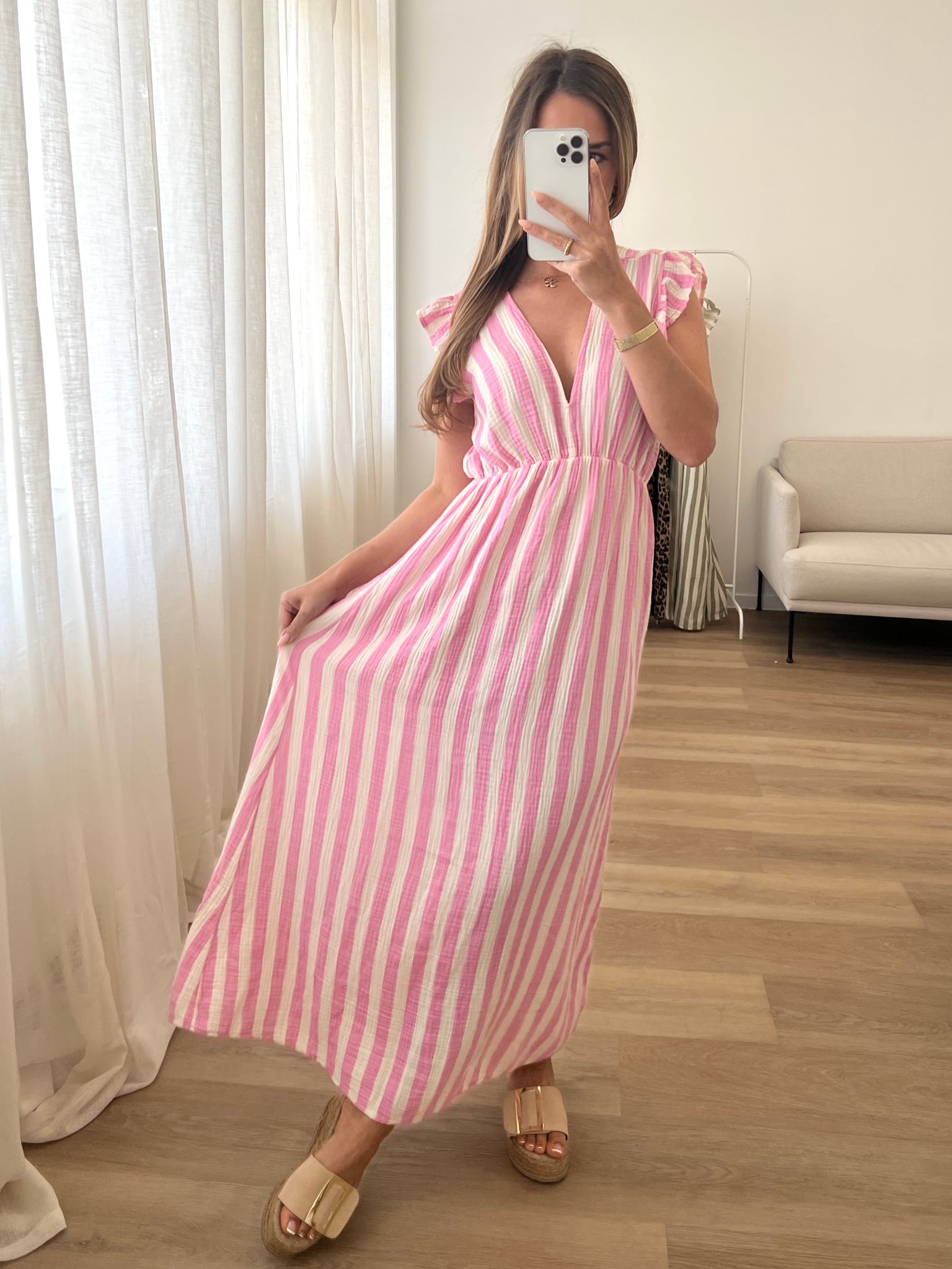 Leonora Musselin Kleid -  Streifen/Rosa
