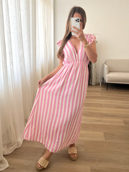 Leonora Musselin Kleid -  Streifen/Rosa