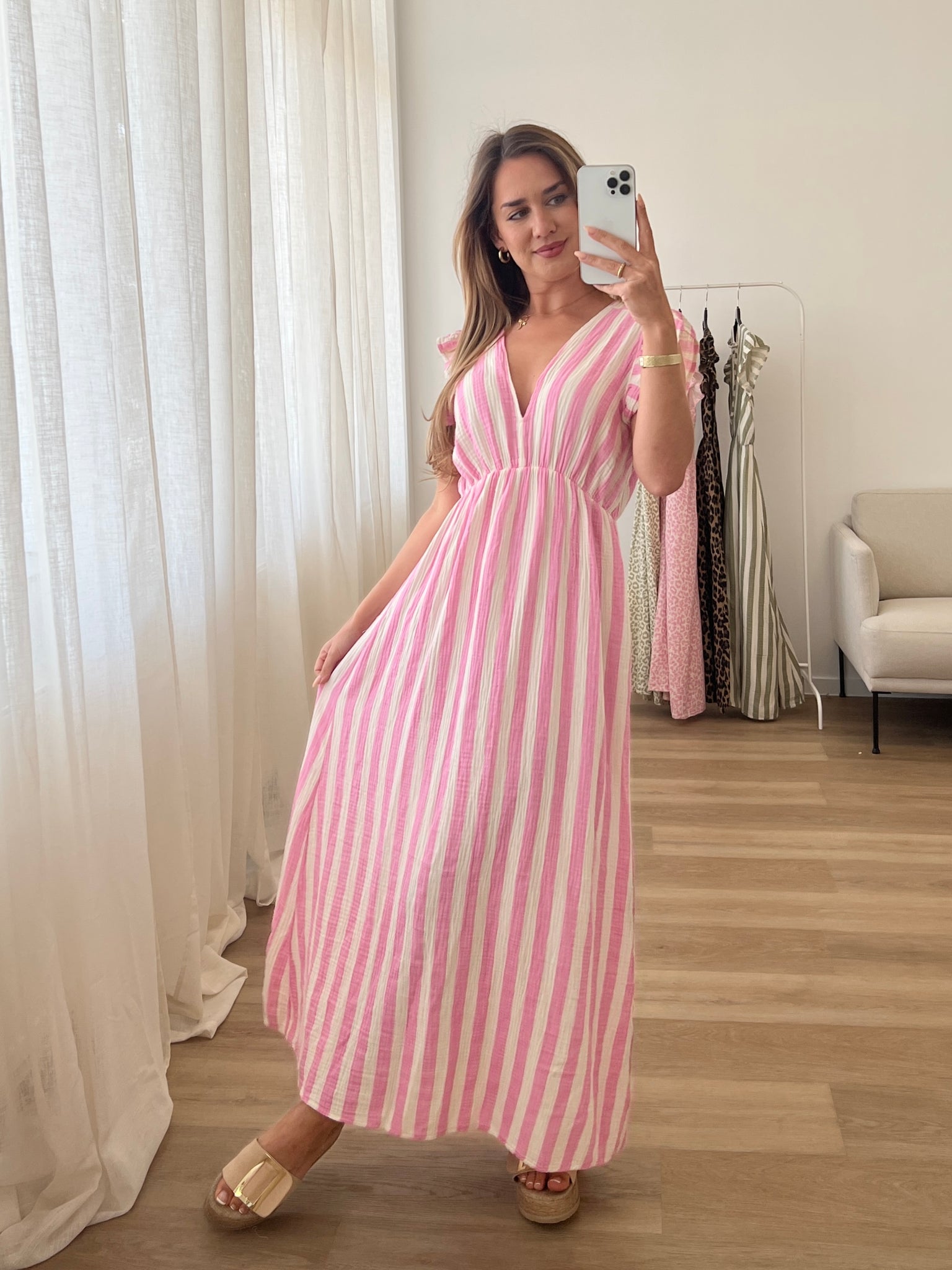 Leonora Musselin Kleid -  Streifen/Rosa