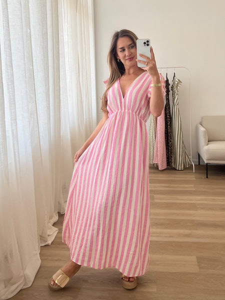 Leonora Musselin Kleid -  Streifen/Rosa