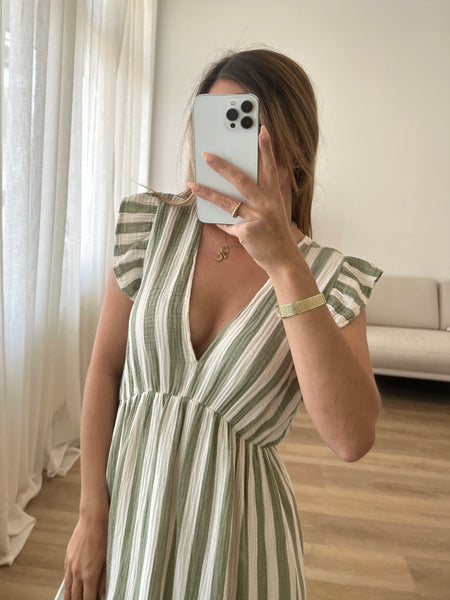 Leonora Musselin Kleid -  Streifen/Khaki