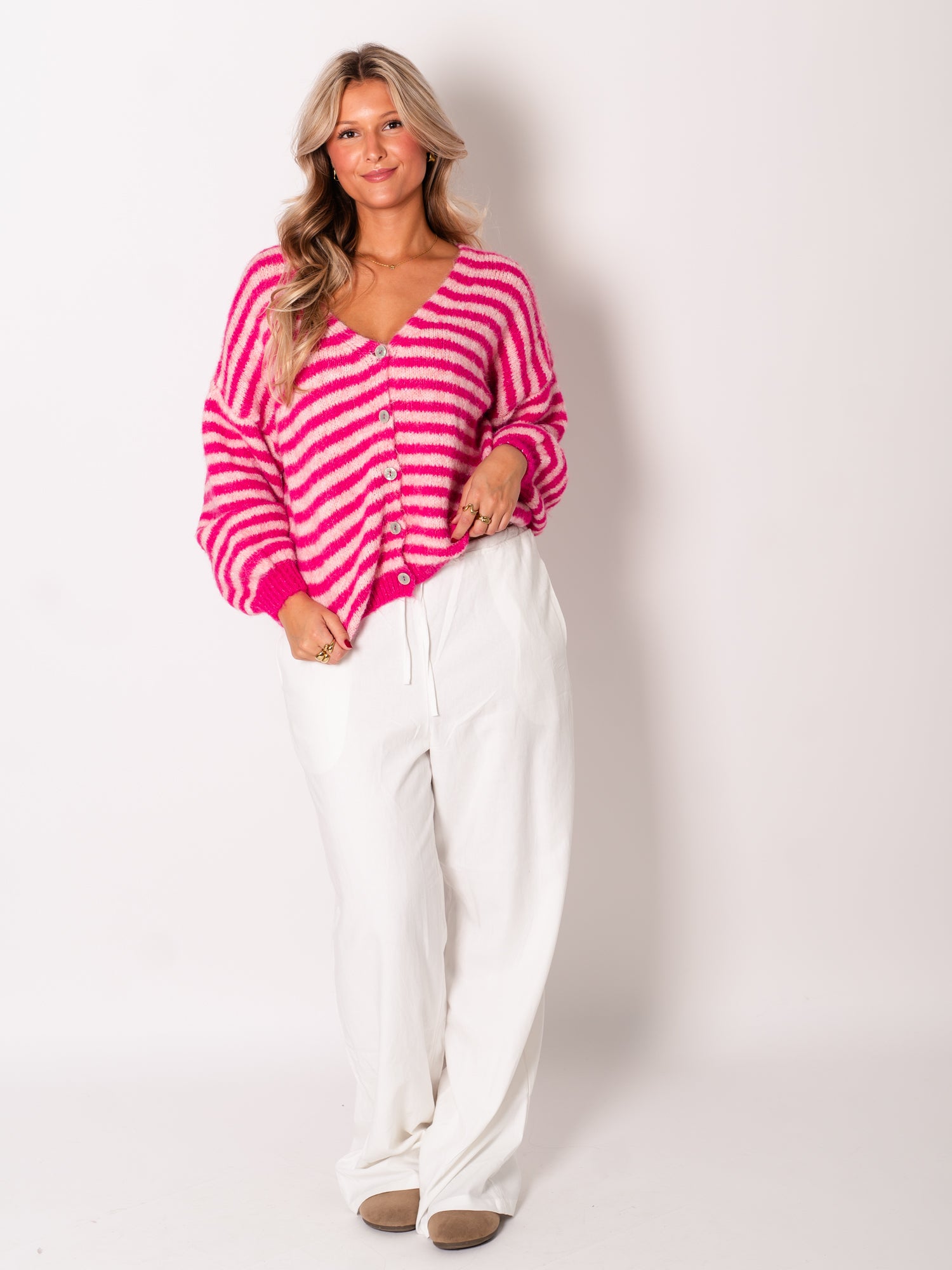 Mila Streifen Strickjacke - Rosa