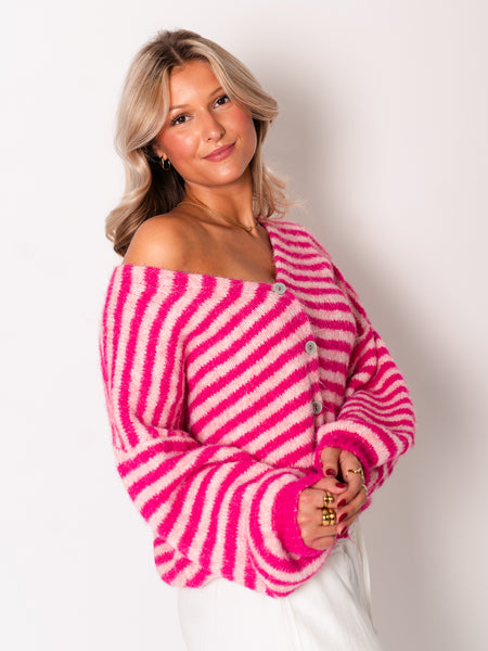 Mila Streifen Strickjacke - Rosa