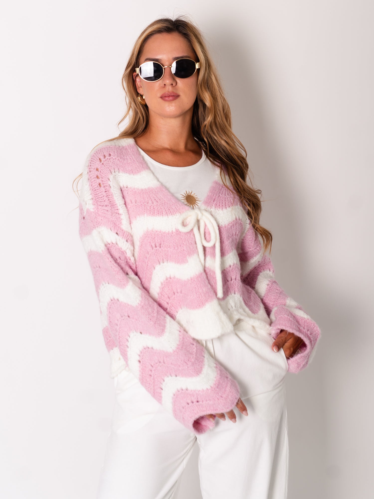 Lia Schleifen Strickjacke - Creme/Rosa