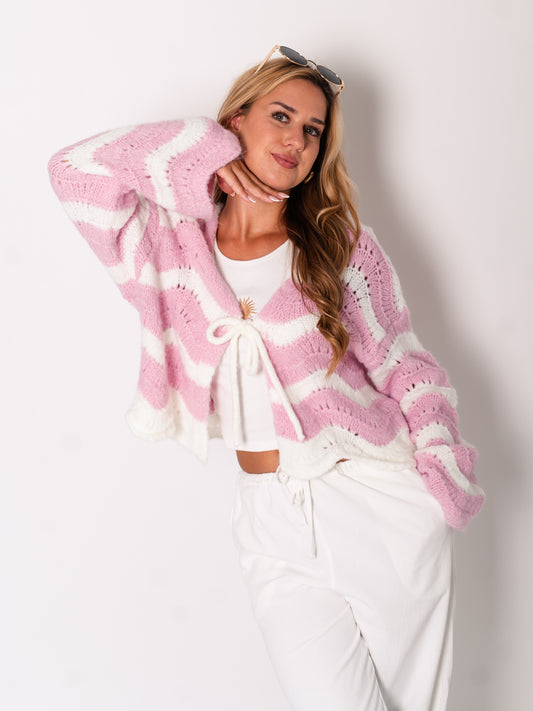 Lia Schleifen Strickjacke - Creme/Rosa