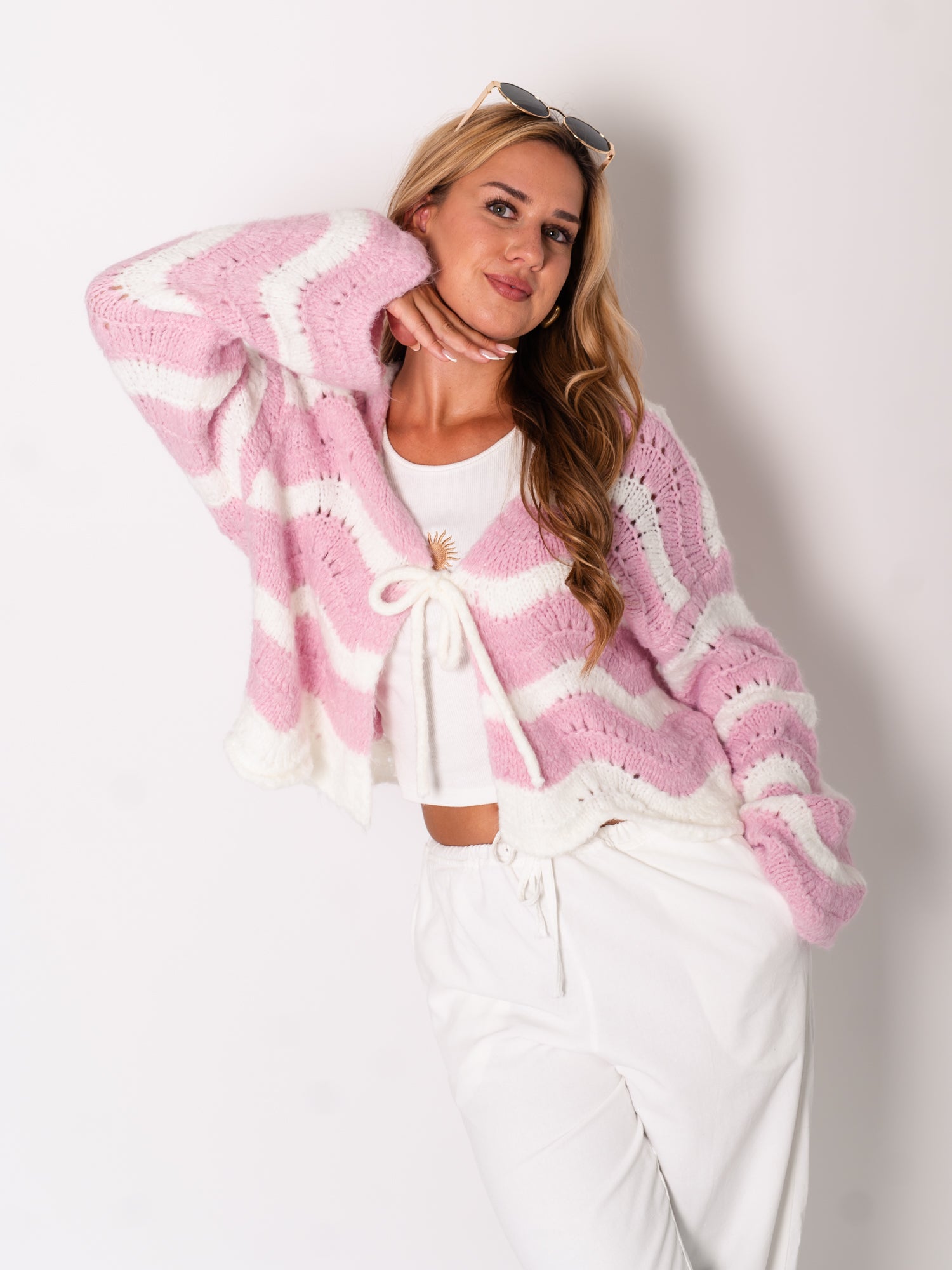 Lia Schleifen Strickjacke - Creme/Rosa