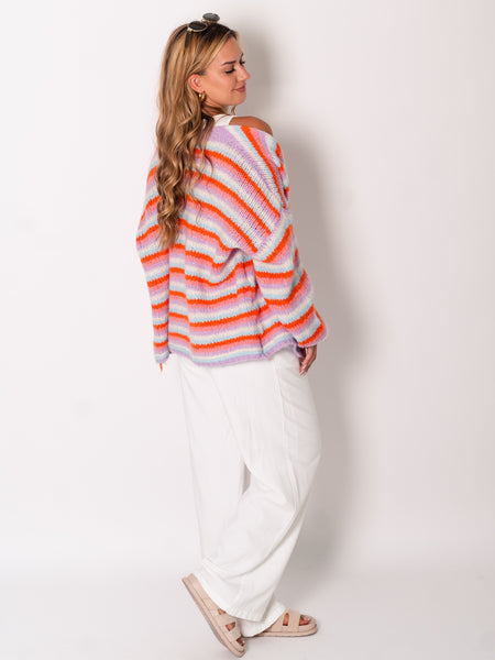 Colourful Streifen Strickjacke - Lila/Bunt