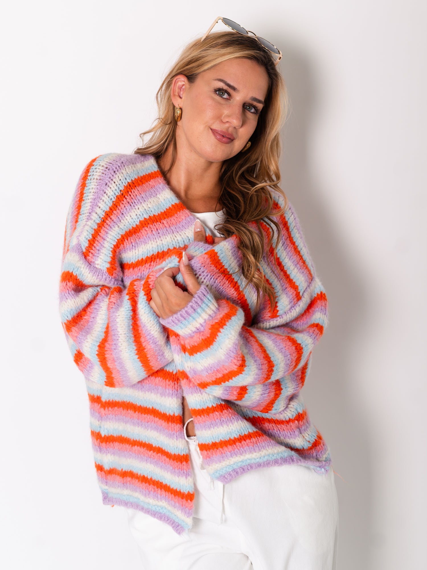 Colourful Streifen Strickjacke - Lila/Bunt