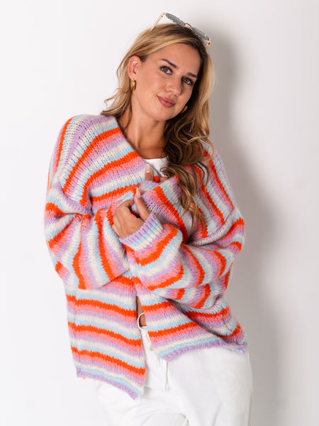 Colourful Streifen Strickjacke - Lila/Bunt
