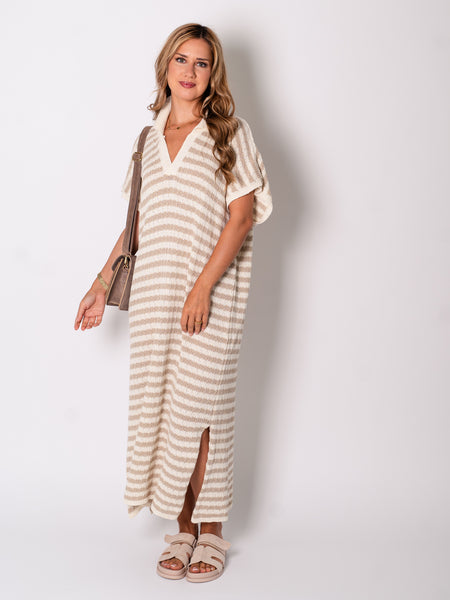 Midi Stripes  Kleid -Beige/Creme