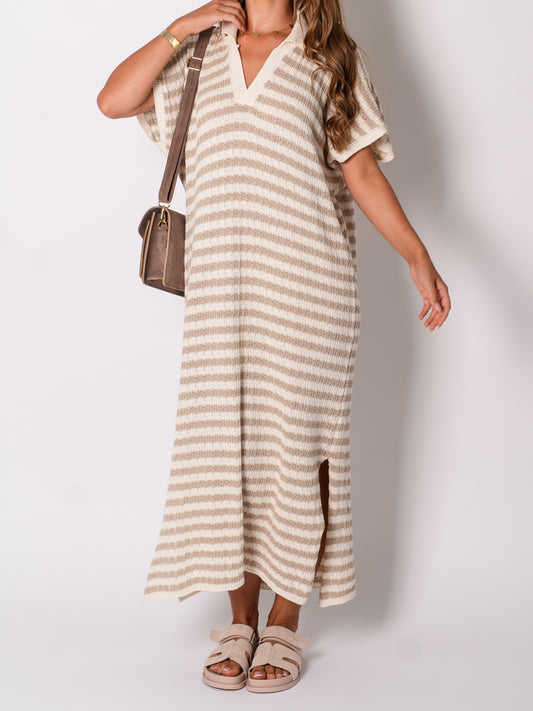 Midi Stripes  Kleid -Beige/Creme