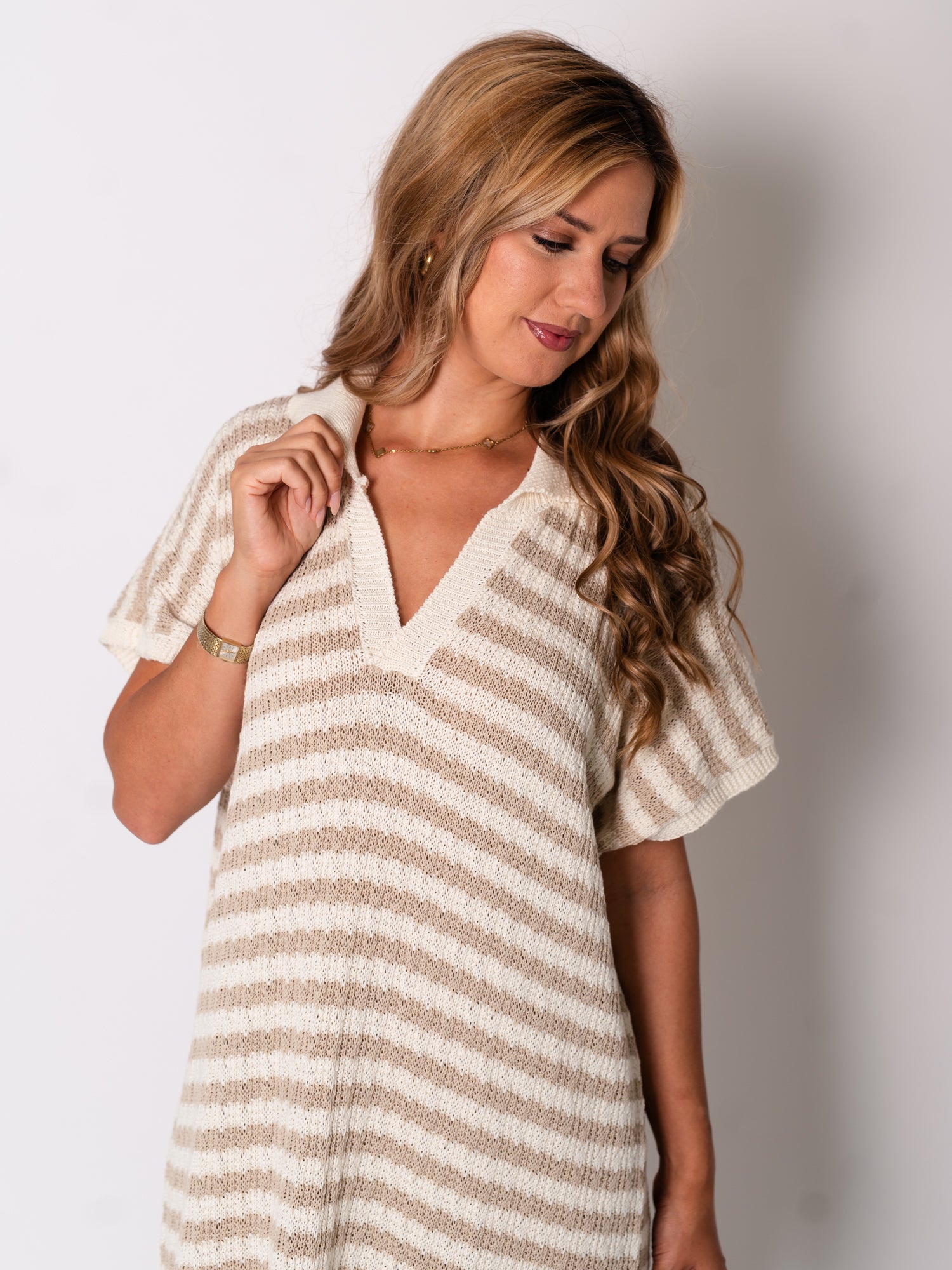 Midi Stripes  Kleid -Beige/Creme