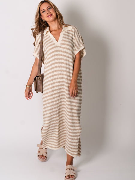 Midi Stripes  Kleid -Beige/Creme