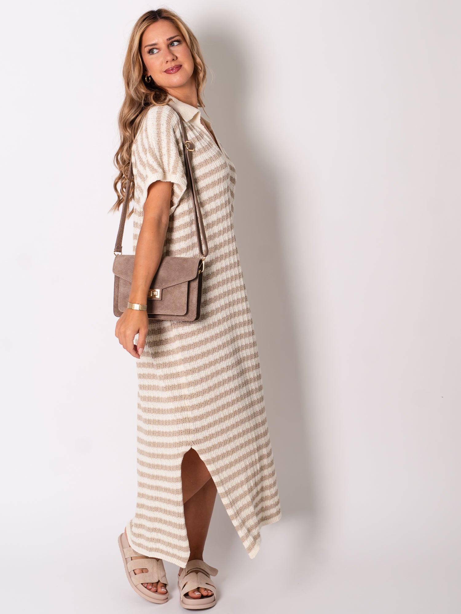 Midi Stripes  Kleid -Beige/Creme
