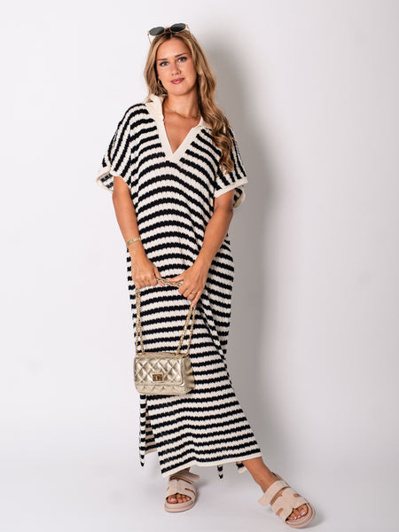 Midi Stripes  Kleid -Beige/Schwarz