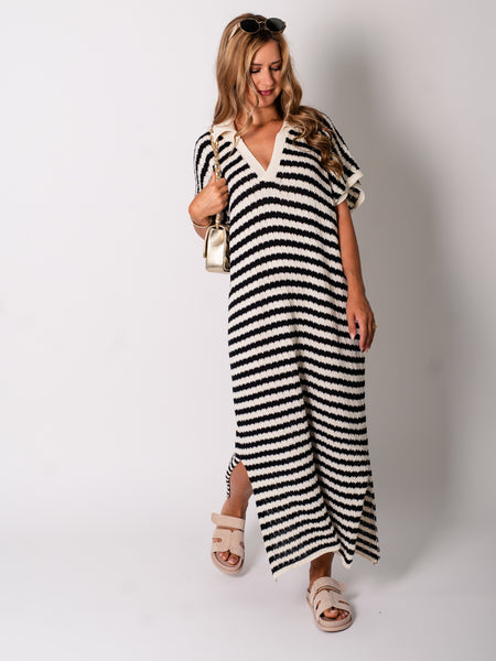 Midi Stripes  Kleid -Beige/Schwarz