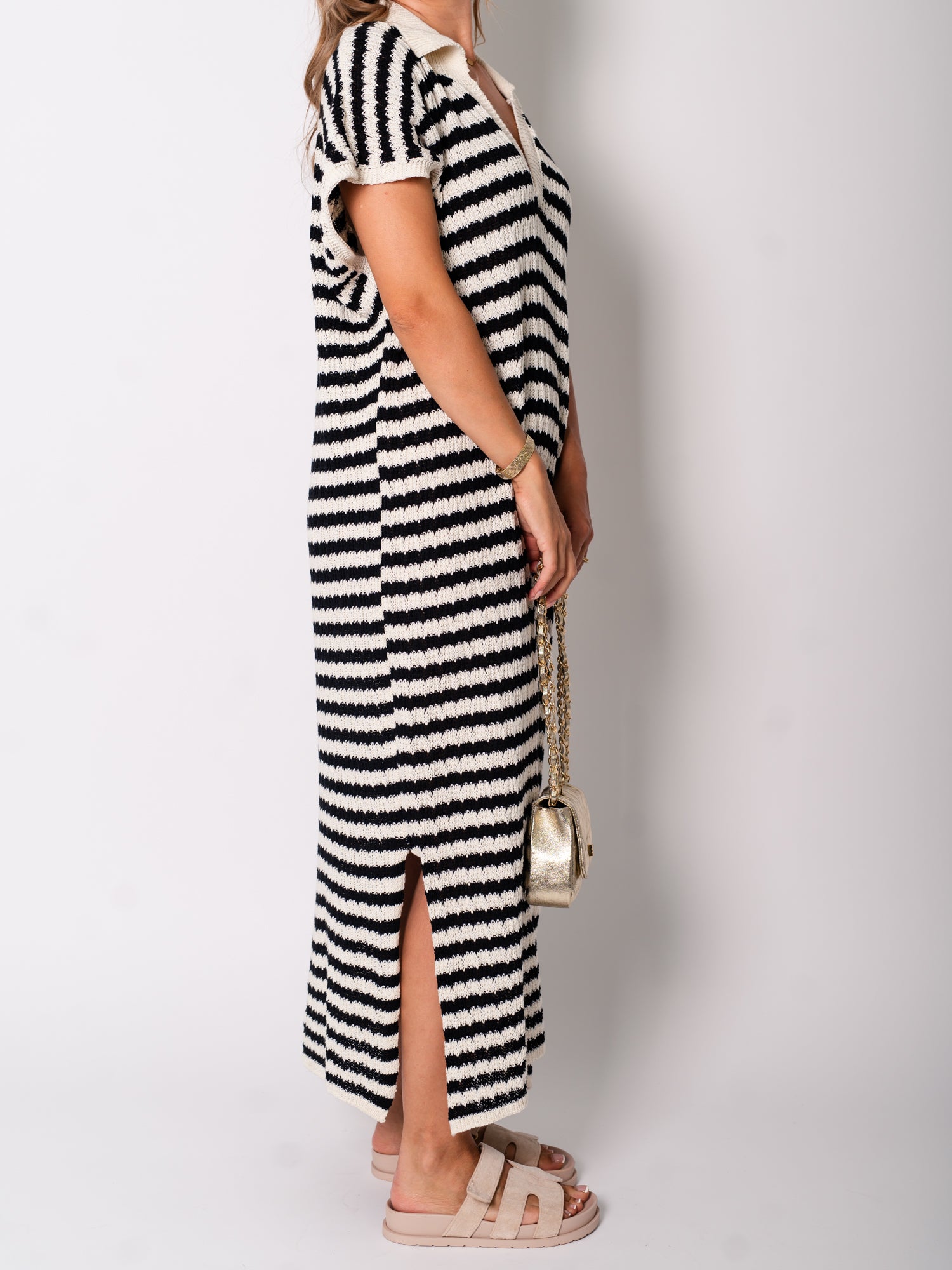 Midi Stripes  Kleid -Beige/Schwarz