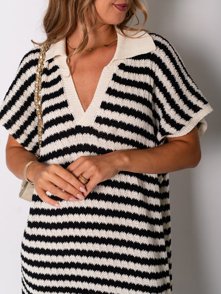 Midi Stripes  Kleid -Beige/Schwarz
