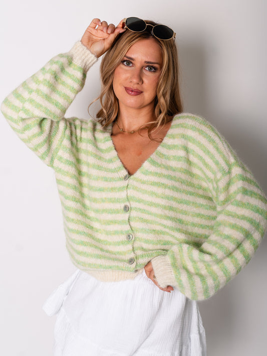 Mila Streifen Strickjacke - Grün/Creme