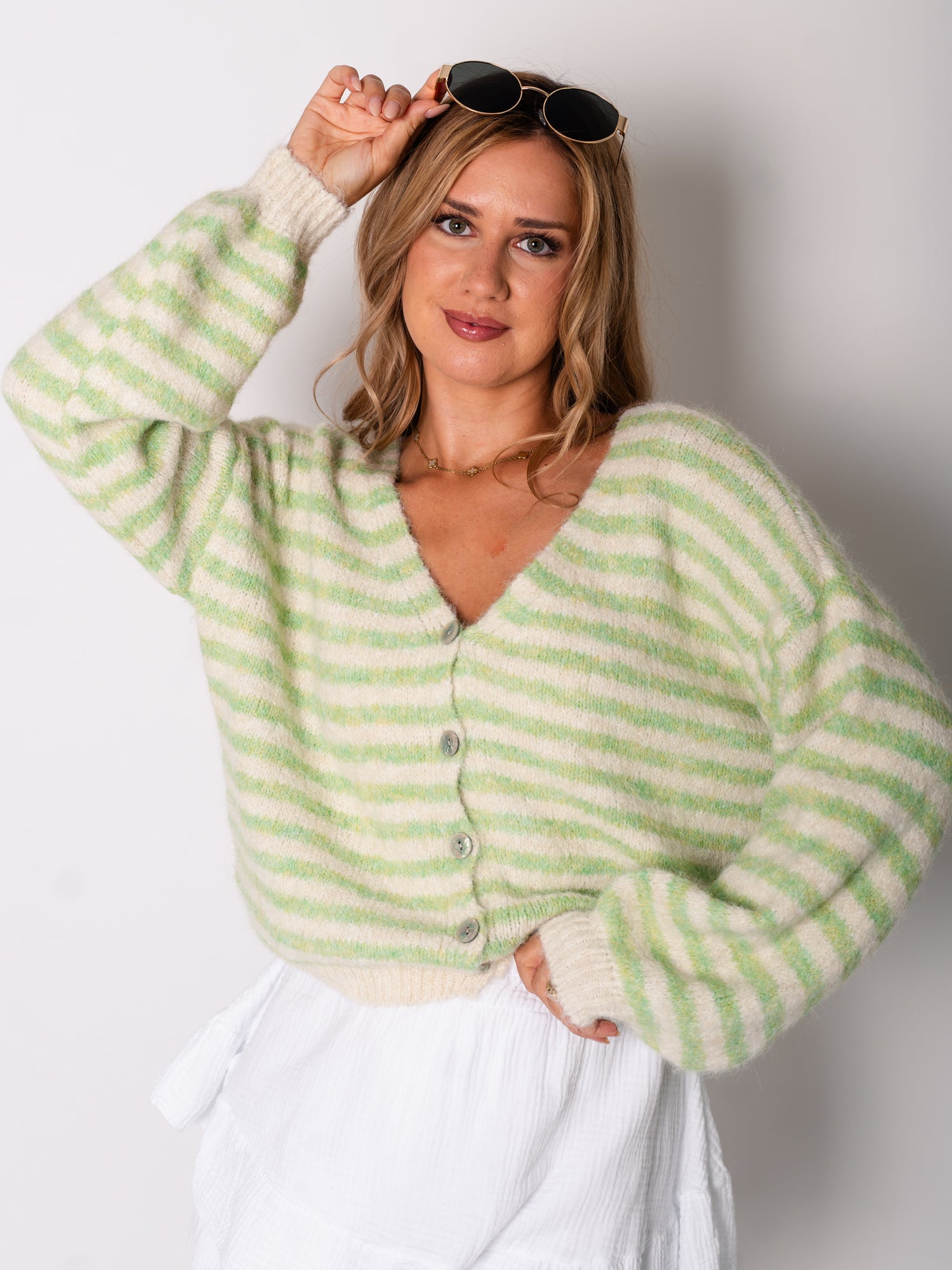 Mila Streifen Strickjacke - Grün/Creme