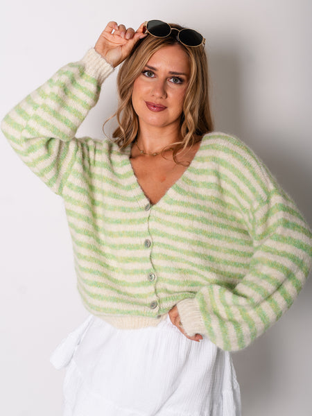 Mila Streifen Strickjacke - Grün/Creme