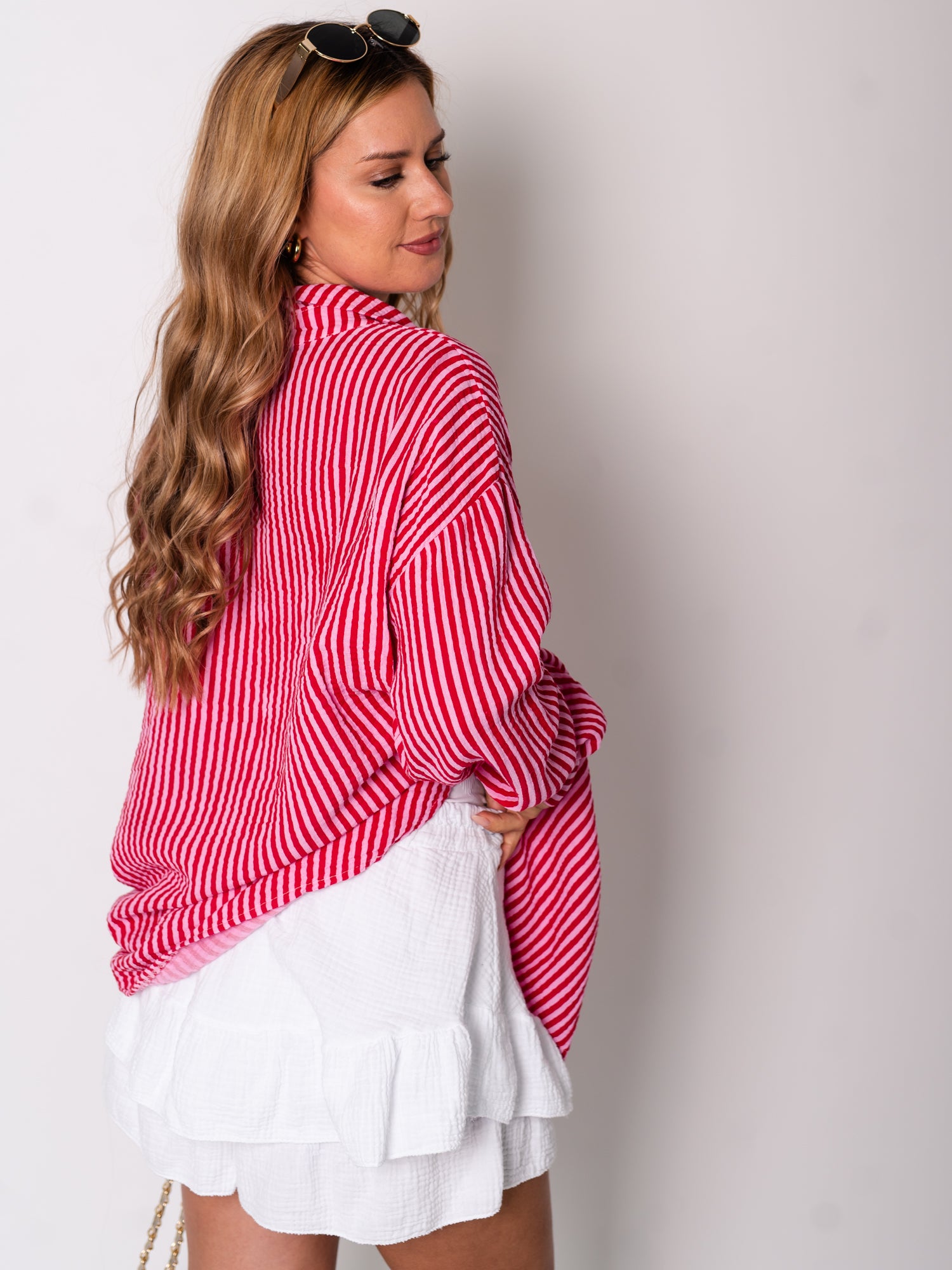 Midi Streifen Musselin Bluse - Rosa/Rot