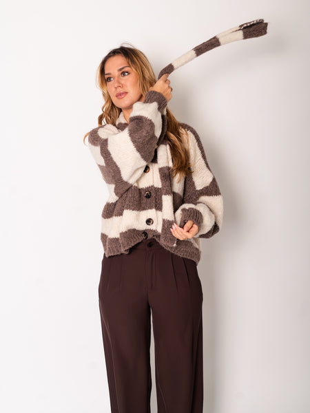 Scarf Stripes Strickjacke - Taupe/Creme