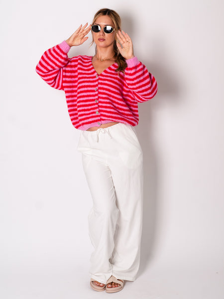 Mila Streifen Strickjacke - Rosa/Rot