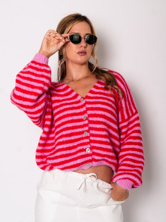 Mila Streifen Strickjacke - Rosa/Rot