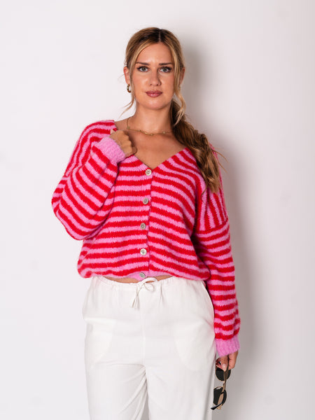 Mila Streifen Strickjacke - Rosa/Rot