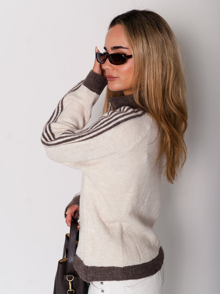 Fio Zip Up Streifen  Cardigan - Beige/Coffee