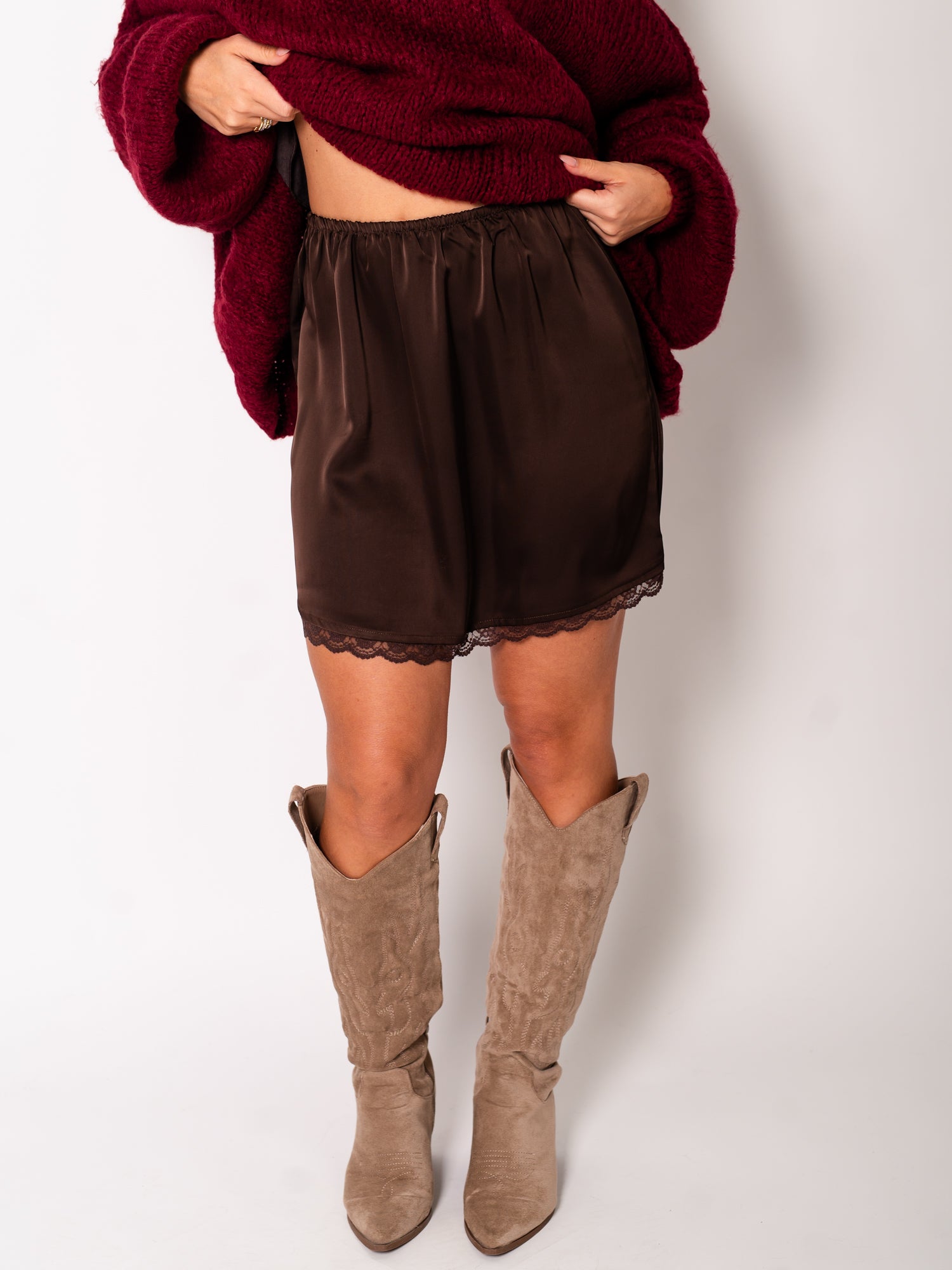 Spitzen Mini Satin Rock - Braun