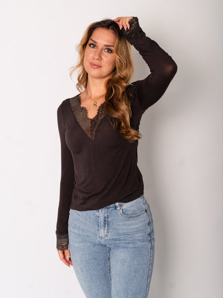Lace Cashmere Longsleeve - Dunkelbraun