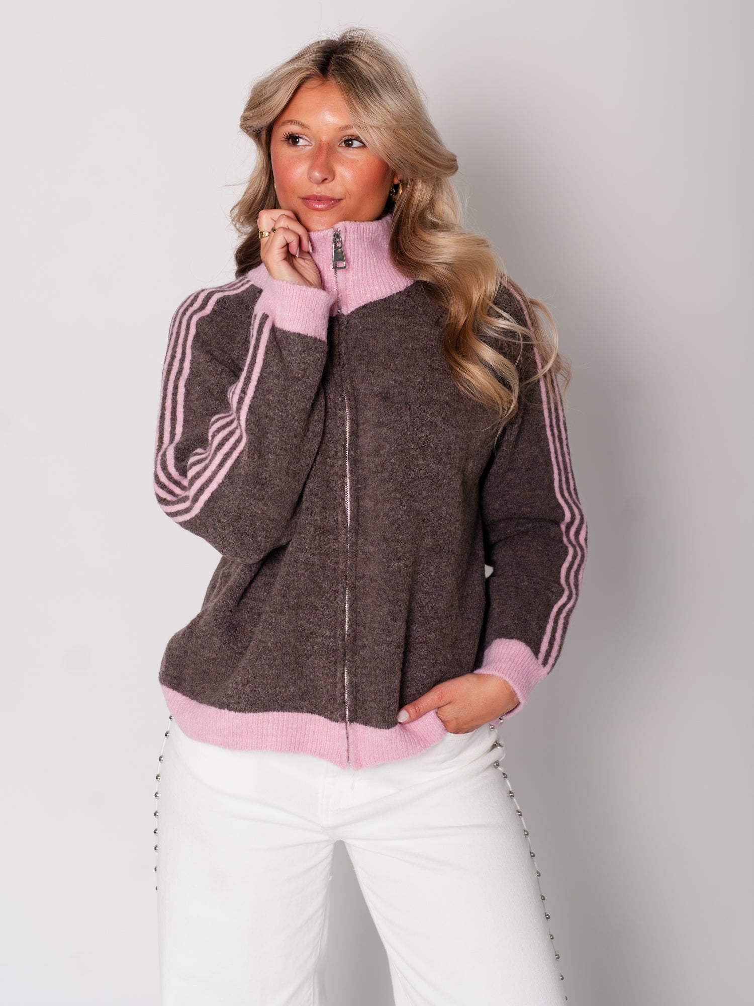 Fio Zip Up Streifen  Cardigan - Coffee/Rosa