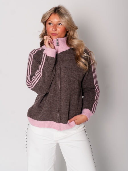 Fio Zip Up Streifen  Cardigan - Coffee/Rosa